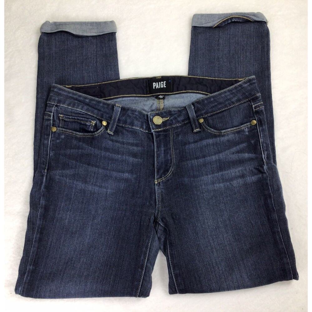 Paige Skyline Crop Jeans Sz 27 Dark Blue Wash Cuffed Skinny Mid Rise Stretch - Picture 11 of 11